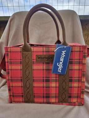Wrangler Plaid Tote with Brown Trim and Handles
